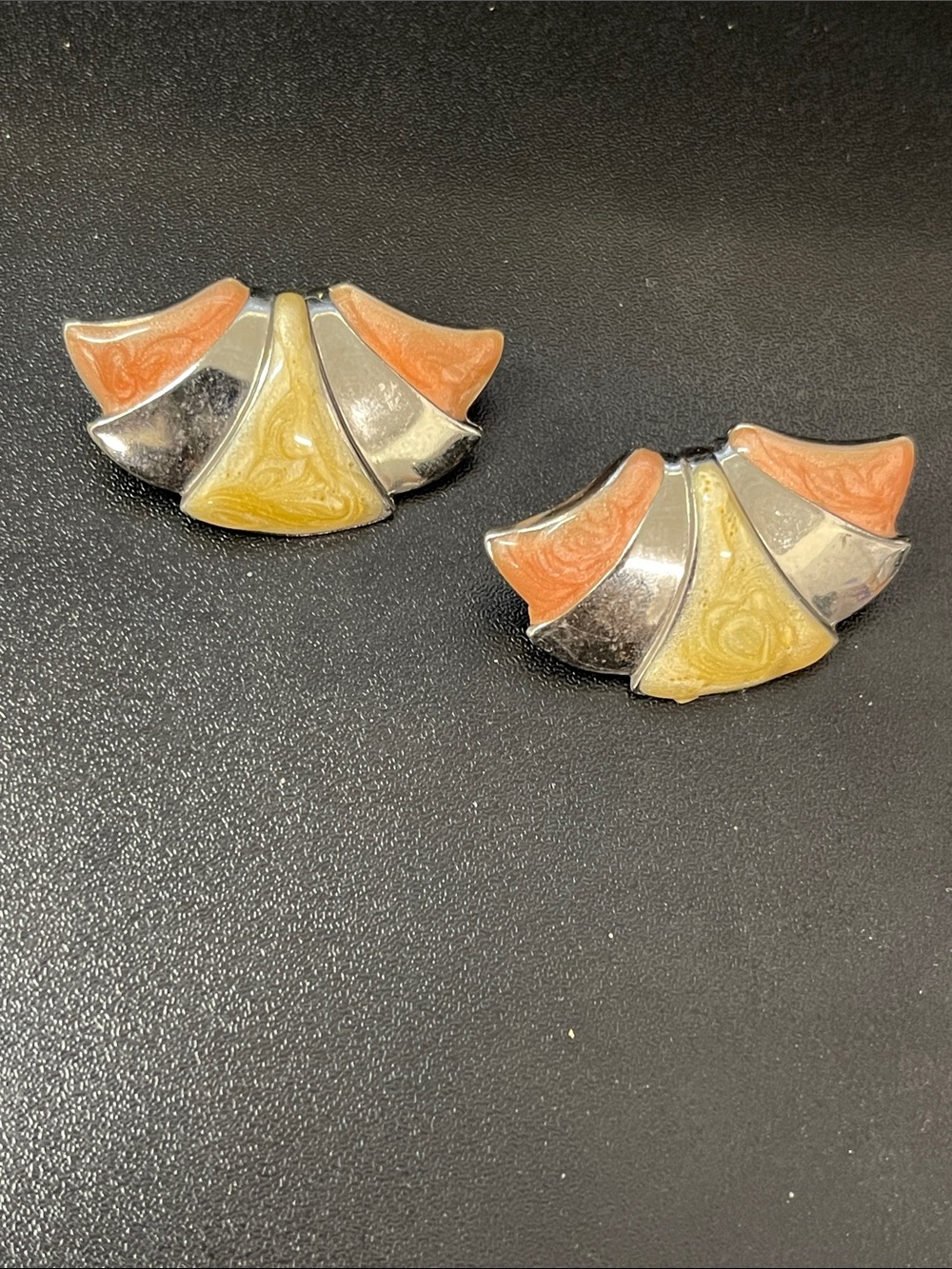 Vintage Fan-Shaped Enamel Clip Earrings in Coral, Yellow & Silver